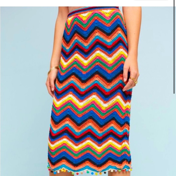 🦋FARM RIO STRIPED CROCHET COLORFUL MIDI SKIRT M L - Picture 3 of 5